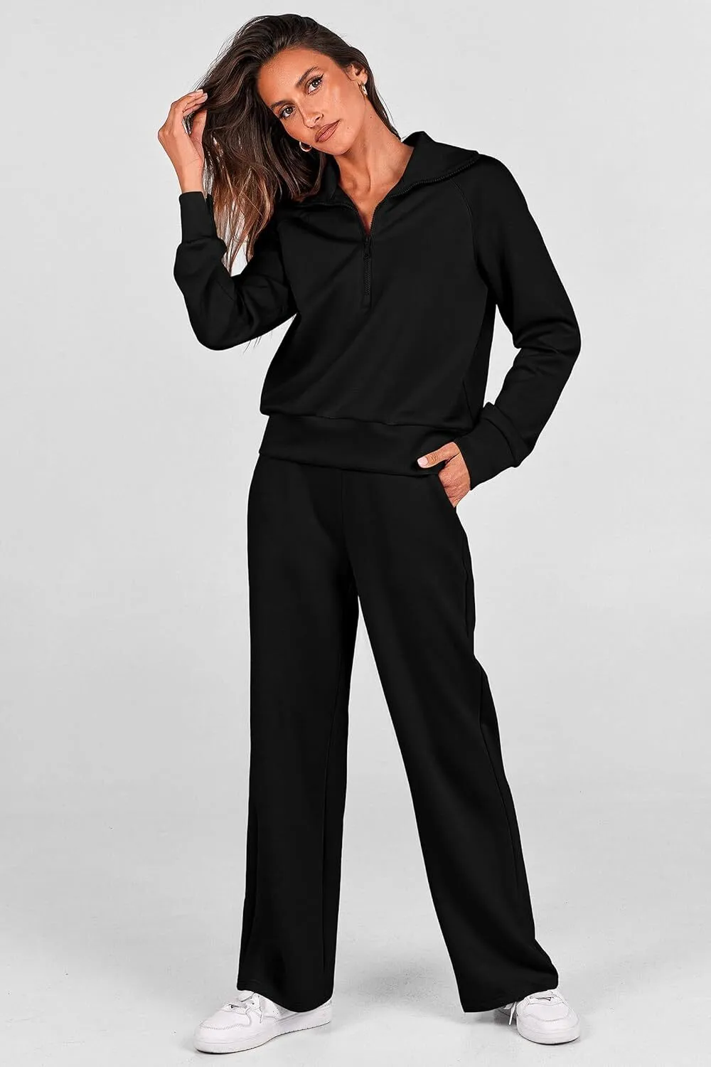🔥Final Day Clearance!🛒Women's 2 Piece Outfits Casual Lapel Half Zip Sweatshirts And Wide Leg Pants Tracksuit Sets