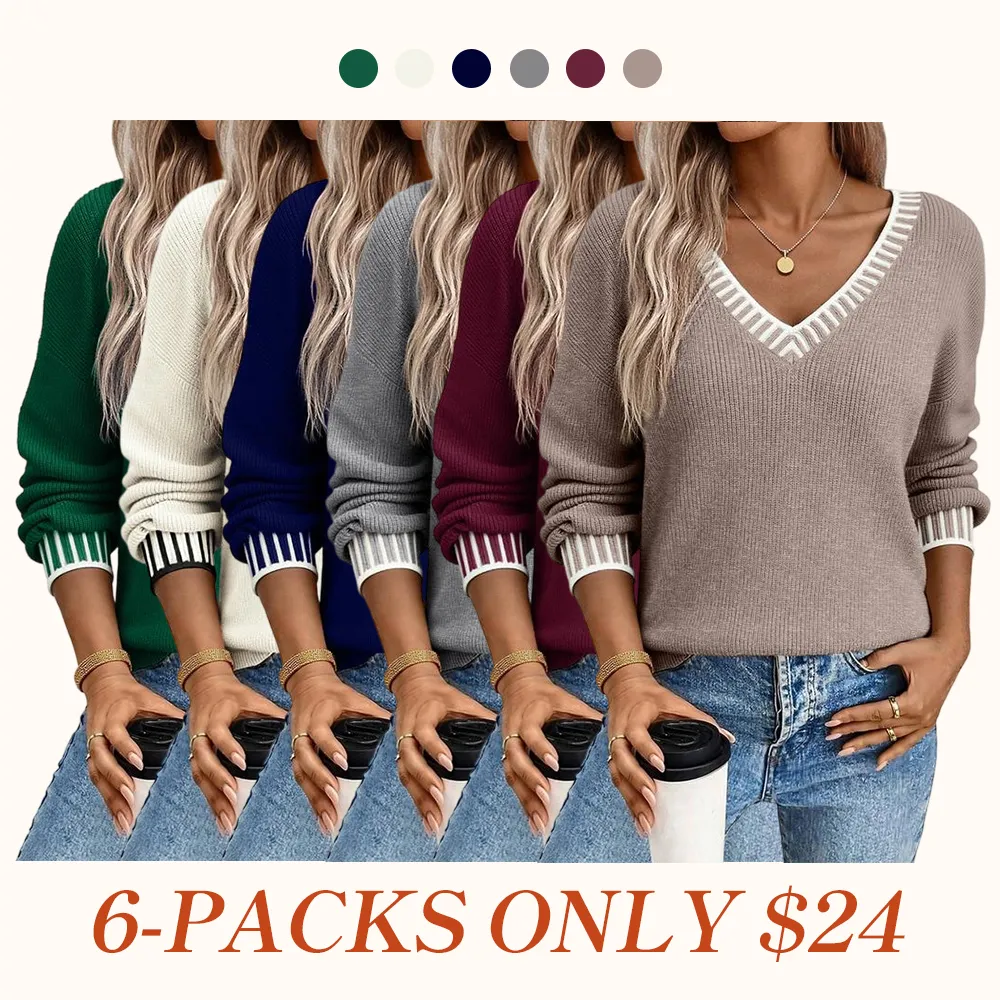 Womens Sweaters Long Sleeve V neck Warm Pullover Knit Tops