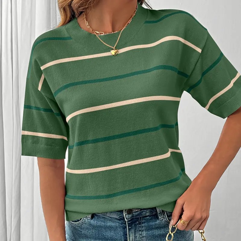 2026 Spring/Summer Women's Short Sleeve Striped Sweatshirt - Soft Breathable Fabric Crew Neck Pullover Top for Daily Wear
