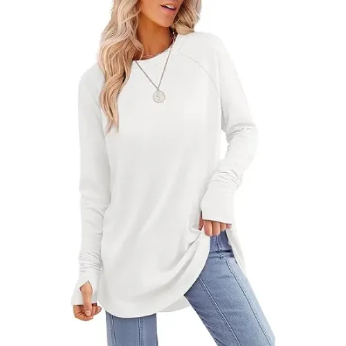 Womens Tunic Tops to Wear with Leggings Long Sleeve Thumb Hole Shirts Crew Neck Curved Hem
