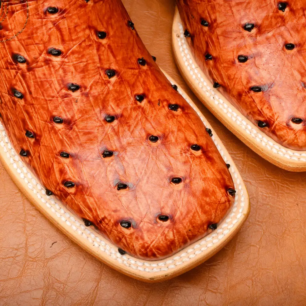 Cognac Ostrich Leather Boots - Square Toe