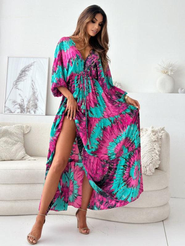 Sexy Deep V Multi-Color Printed Slit Dress With Three-Quarter Sleeves