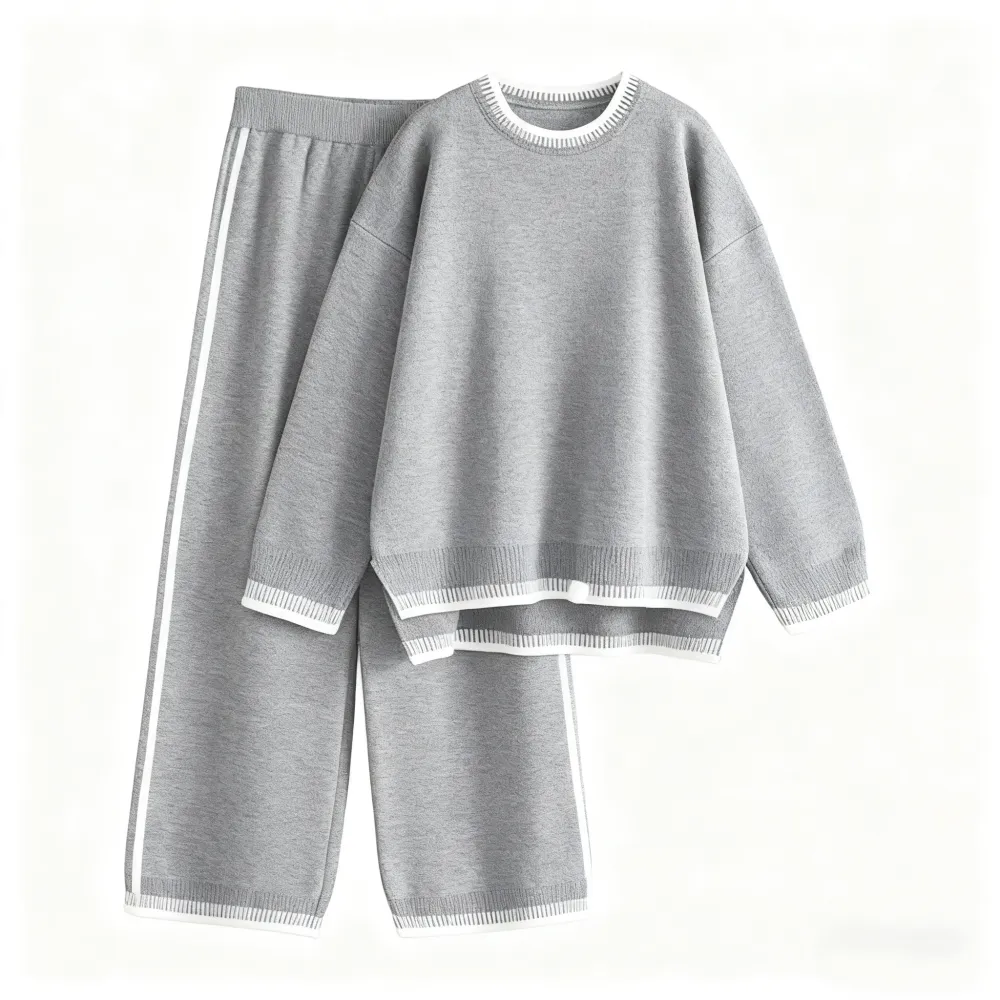 Chic Crew Neck Sweater & High Waist Loose Pants Casual Outfit