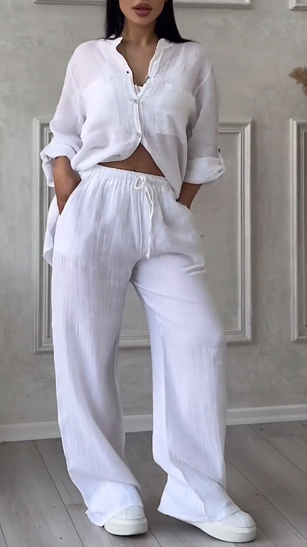 Women's V-neck Cotton and Linen Casual Suit