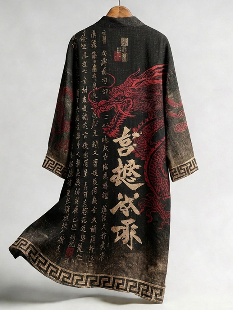 Men's Retro Japanese Calligraphy And Dragon Art Pattern Linen Blend Kimono