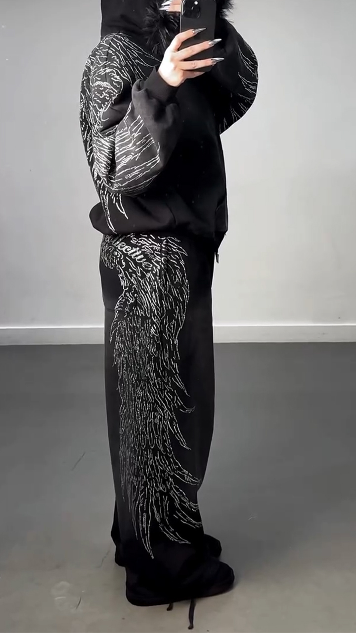 Women Hooded Hot Stamping Rhinestone Jacket+ Pants Casual Set