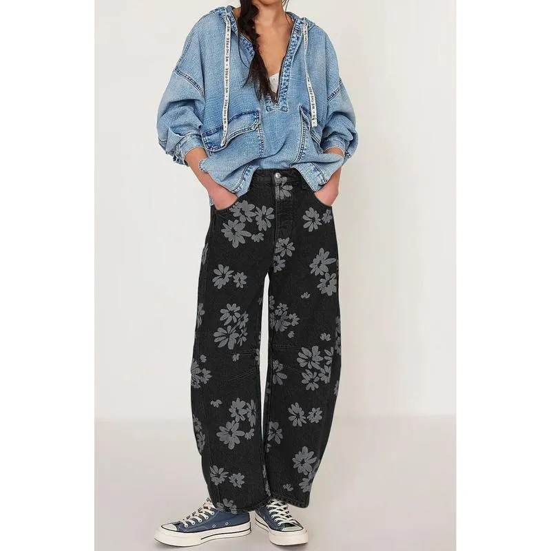 Women's Simple Floral Jeans Y2K Loose Wide-Leg Jeans Boyfriend Style Printed Stitching Jeans