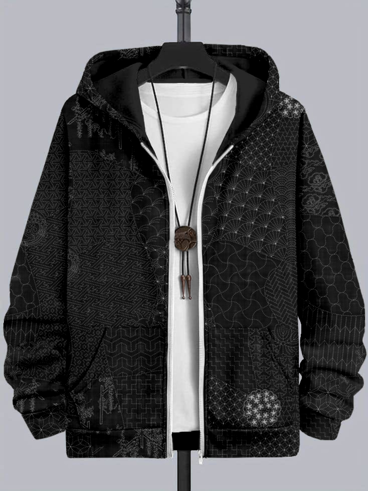 Men's Japanese Traditional Sashiko Art Comfy Full Zip Hoodie