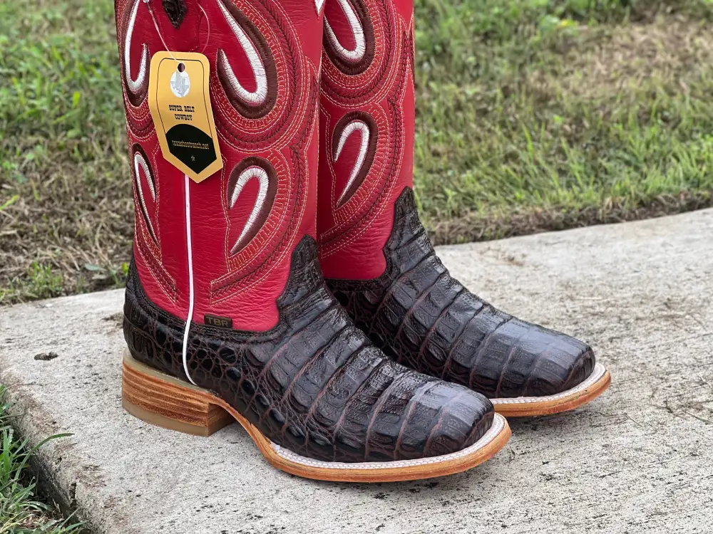 Men’s Brown Crocodile Horn-Back Leather Boots With Red Shaft