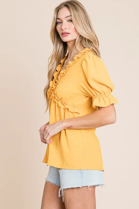 Solid Ruffled Deep V-Neck Puff Sleeve Babydoll Top