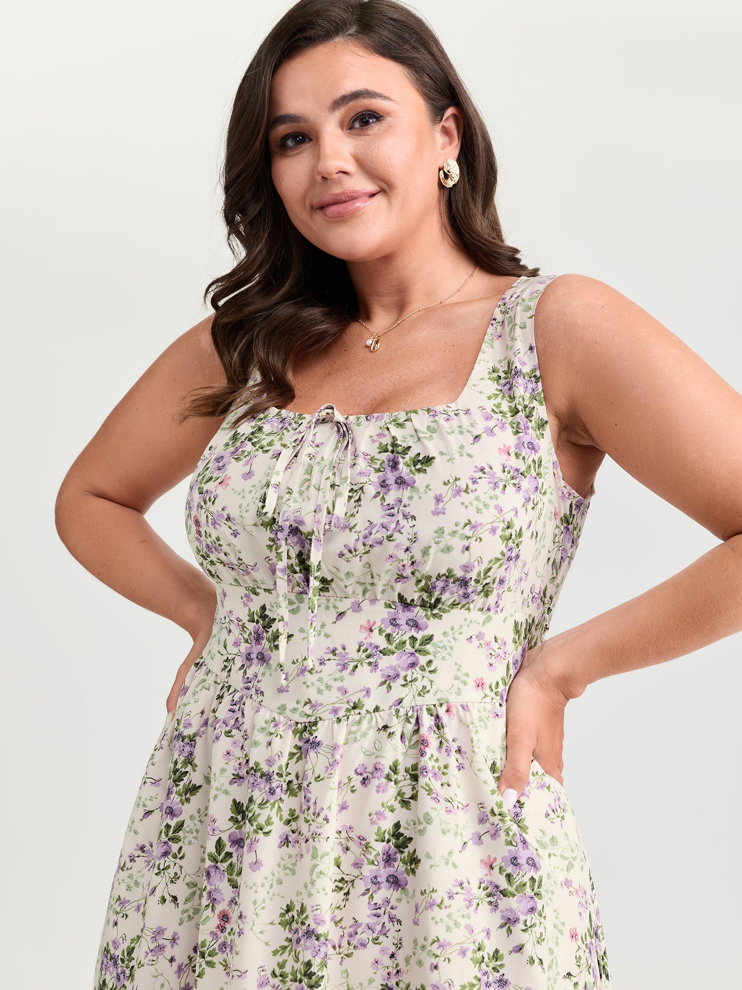 Floral Print Adjustable Bust-Tie Pockets Midi Dress