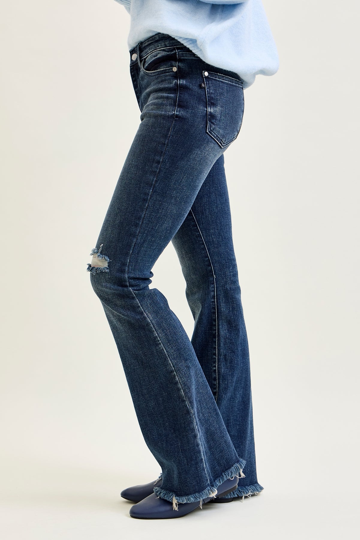 Amanda Mid Rise Flare Jeans with Distressed Knee & Frayed Hem