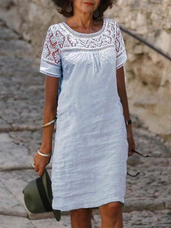 Women Round neck short sleeve embroidered hollow cotton and linen dress