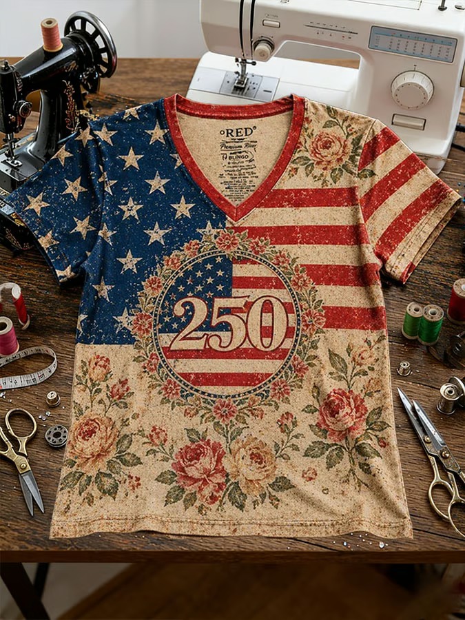 Women'S V-Neck American 250 Celebration Printed T-Shirt