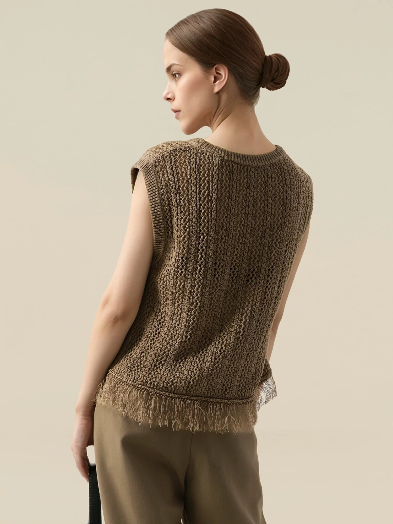 Lyocell & Silk Round Neck Sleeveless Fringe Vest