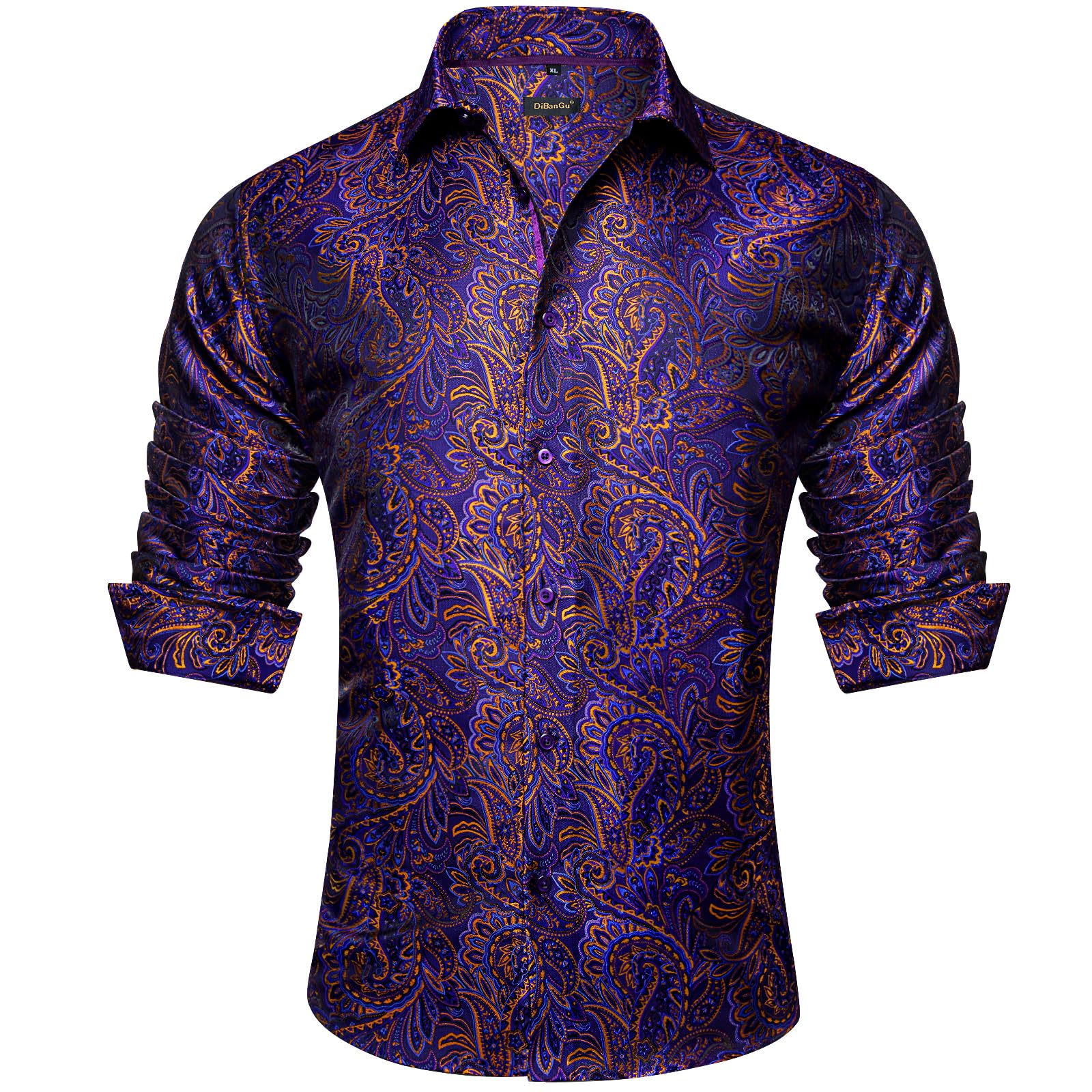 Men's Paisley Dress Shirt Long Sleeve Wrinkle Free Button Down Cowboy Shirts - Purple&gold&paisley