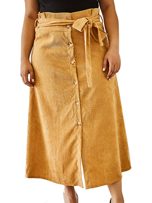 Plus Size Slim High Waist Corduroy Belt Single Breasted A Line Skirt