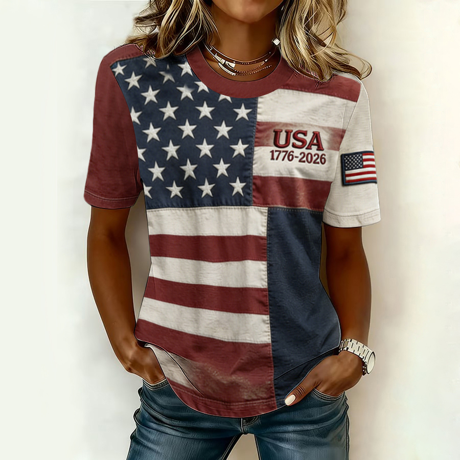 Women'S Retro American Independence Day 250Th Anniversary Printed Round Neck Short Sleeved T-Shirt