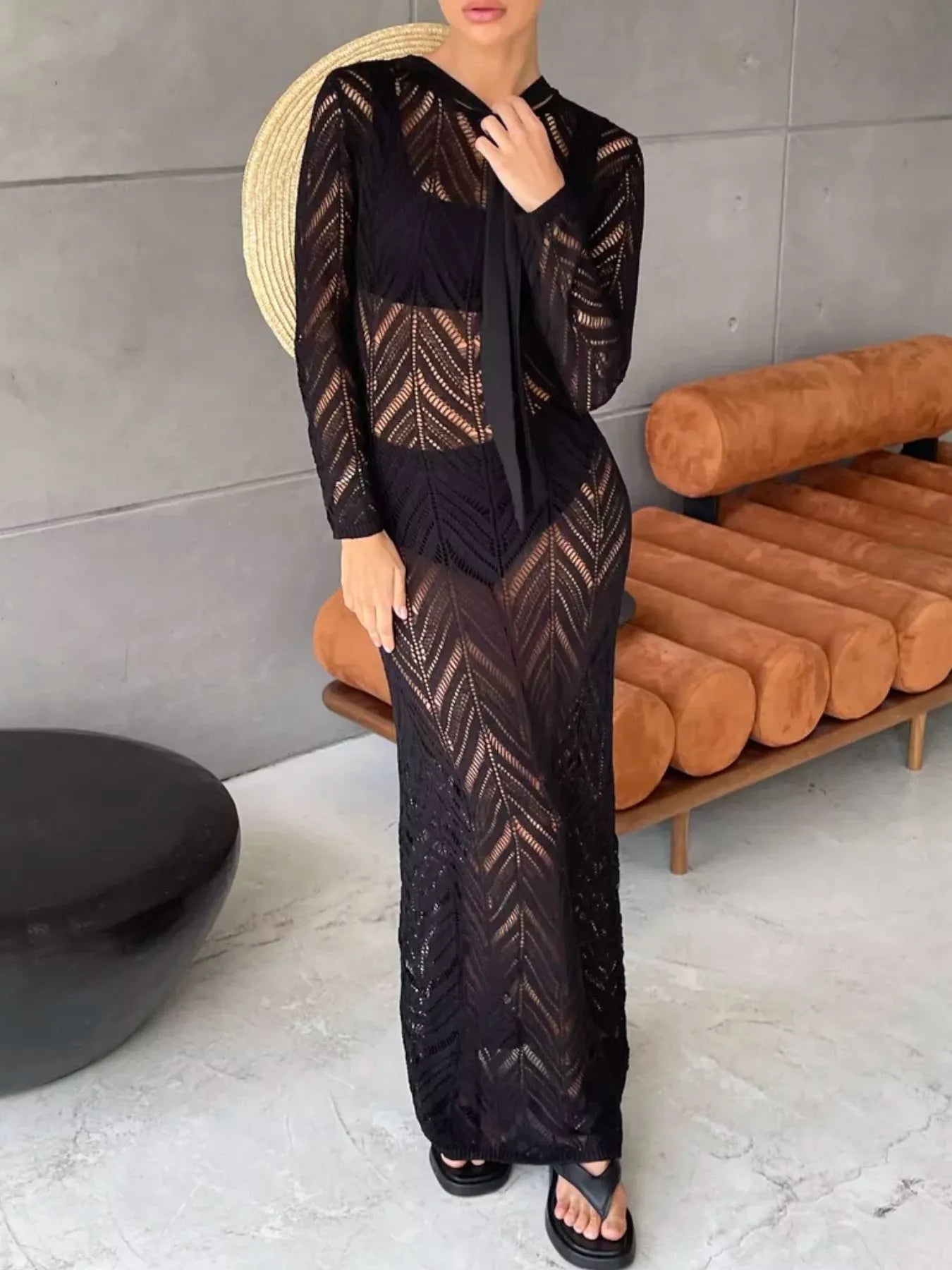 Openwork Long Sleeve Knit Cover Up Dress