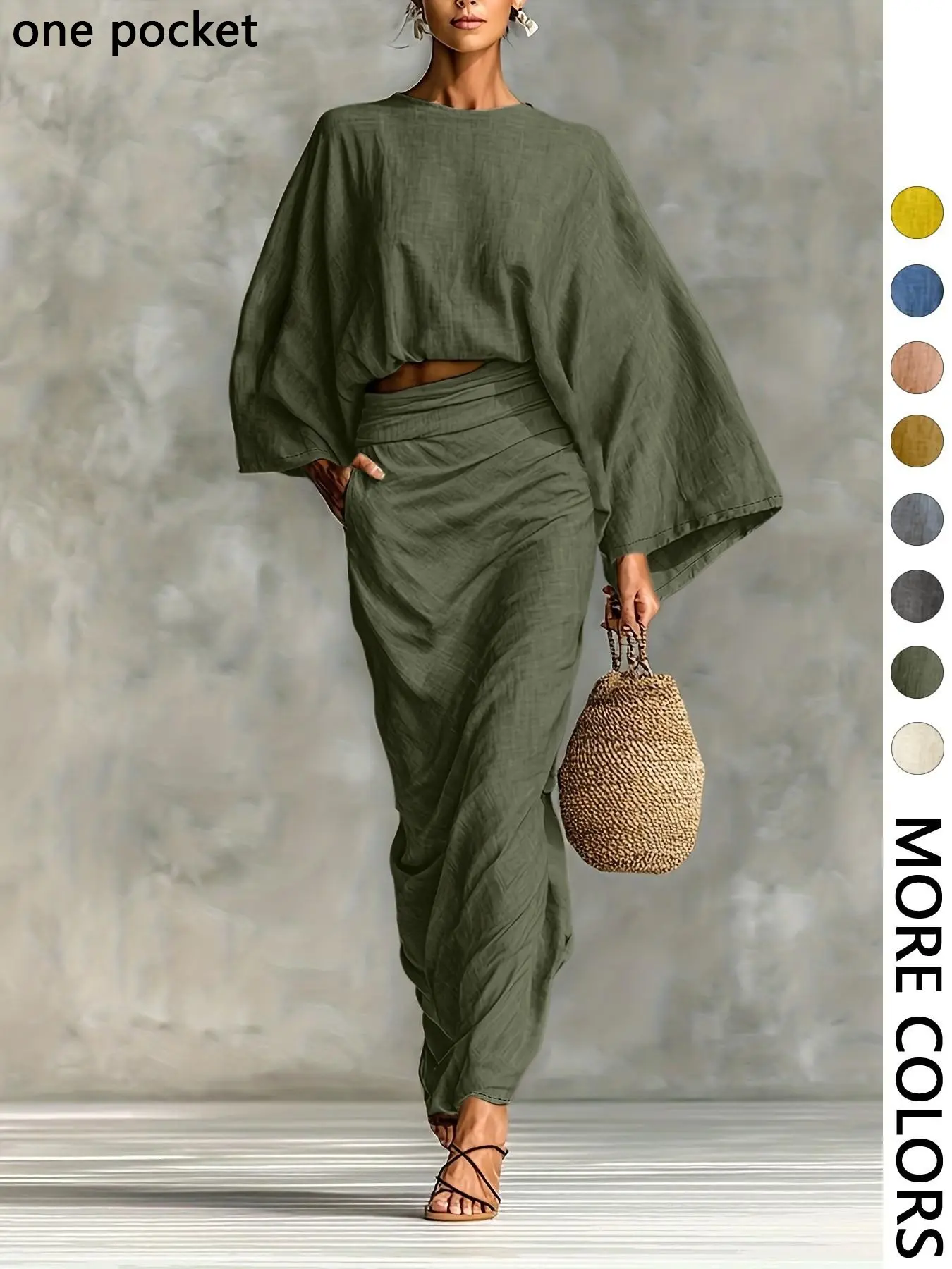 Women's Stylish Loose-Fitting Casual Two-Piece Set, Spring & Fall Comfortable Long Skirt with Waist Definition and Pocket one pocket