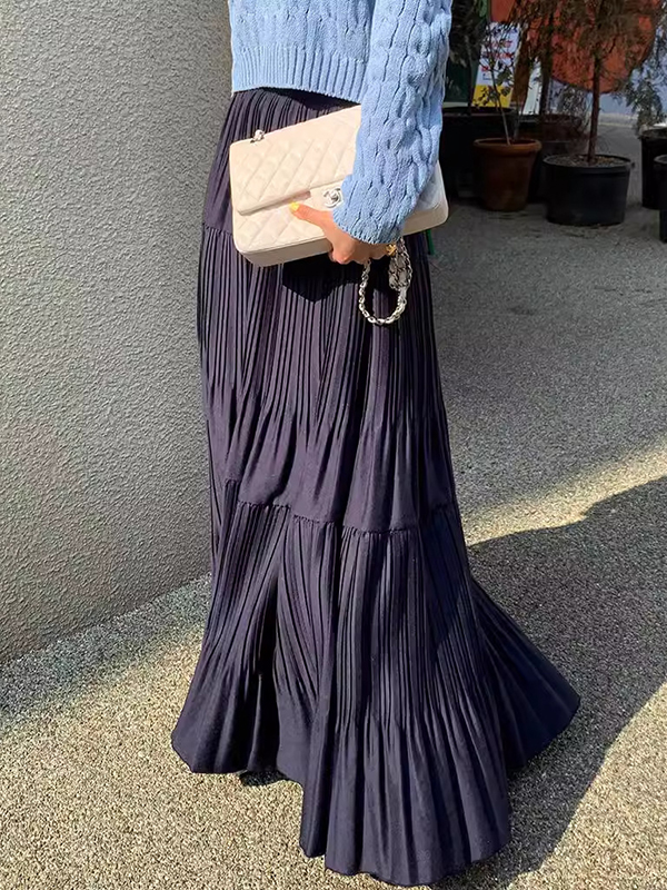 Pleated Solid Color Split-Joint A-Line High Waisted Skirts Bottoms