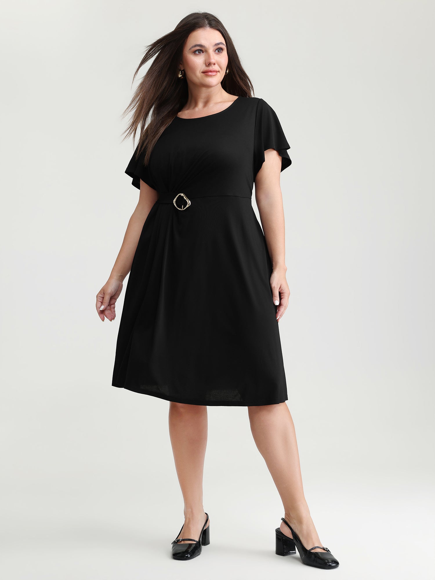 Stretch Knit Pockets Waist-Buckle Mini Dress