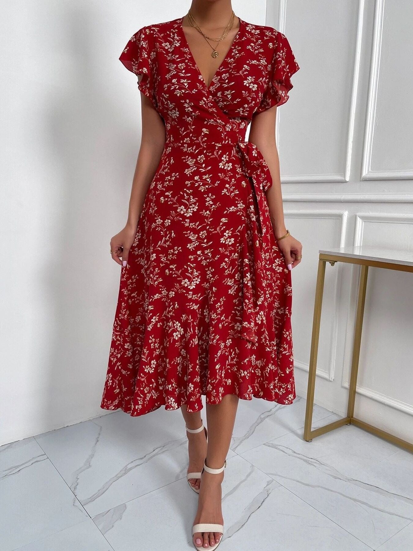 Floral Print Ruffle Sleeve Wrap Midi Dress