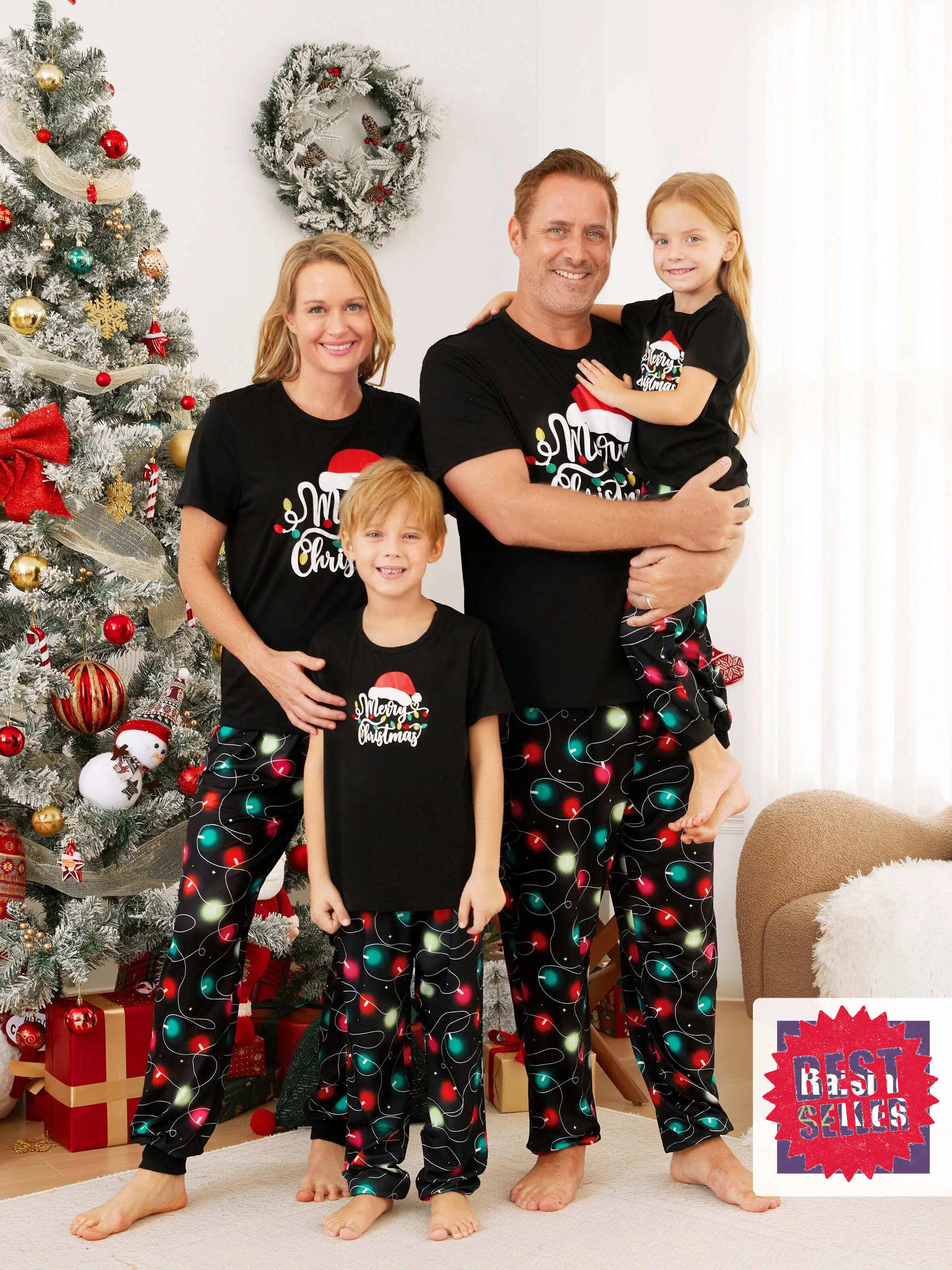 Christmas Family Matching Letters&Festive light bulb Print Short-sleeve Pajamas Sets Black