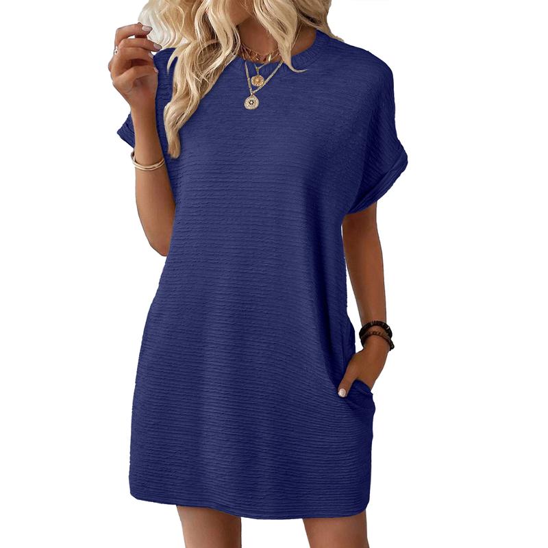Women’s Casual Mini Dress – Lightweight Stretchy Short Sleeve Crewneck Dress for Summer & Beach Outfits