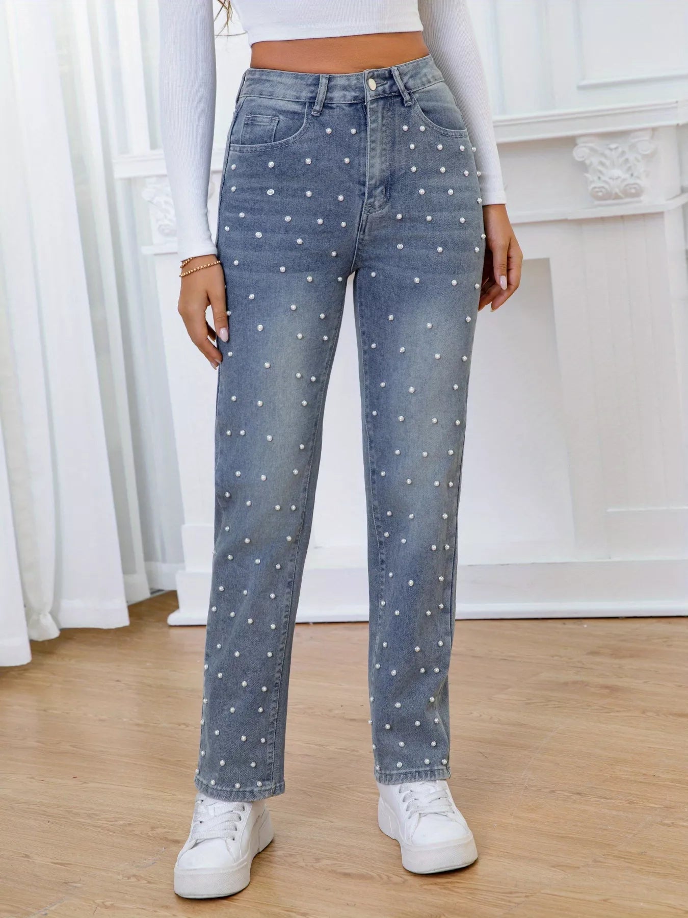 Pearl Embellished High Waist Straight Jeans