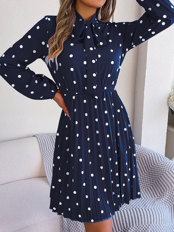 Elegant Polka-Dot Lace-Up Waist Long-Sleeved Pleated Skirt
