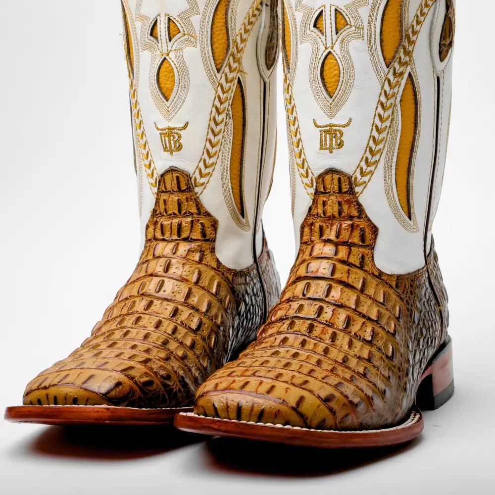 Honey Caiman Hornback Leather Boots - Square Toe