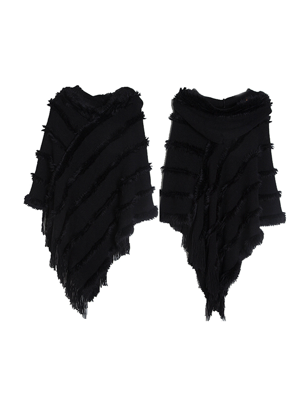 Hooded Keep Warm Solid Color Tasseled Shawl&Cloak Cape