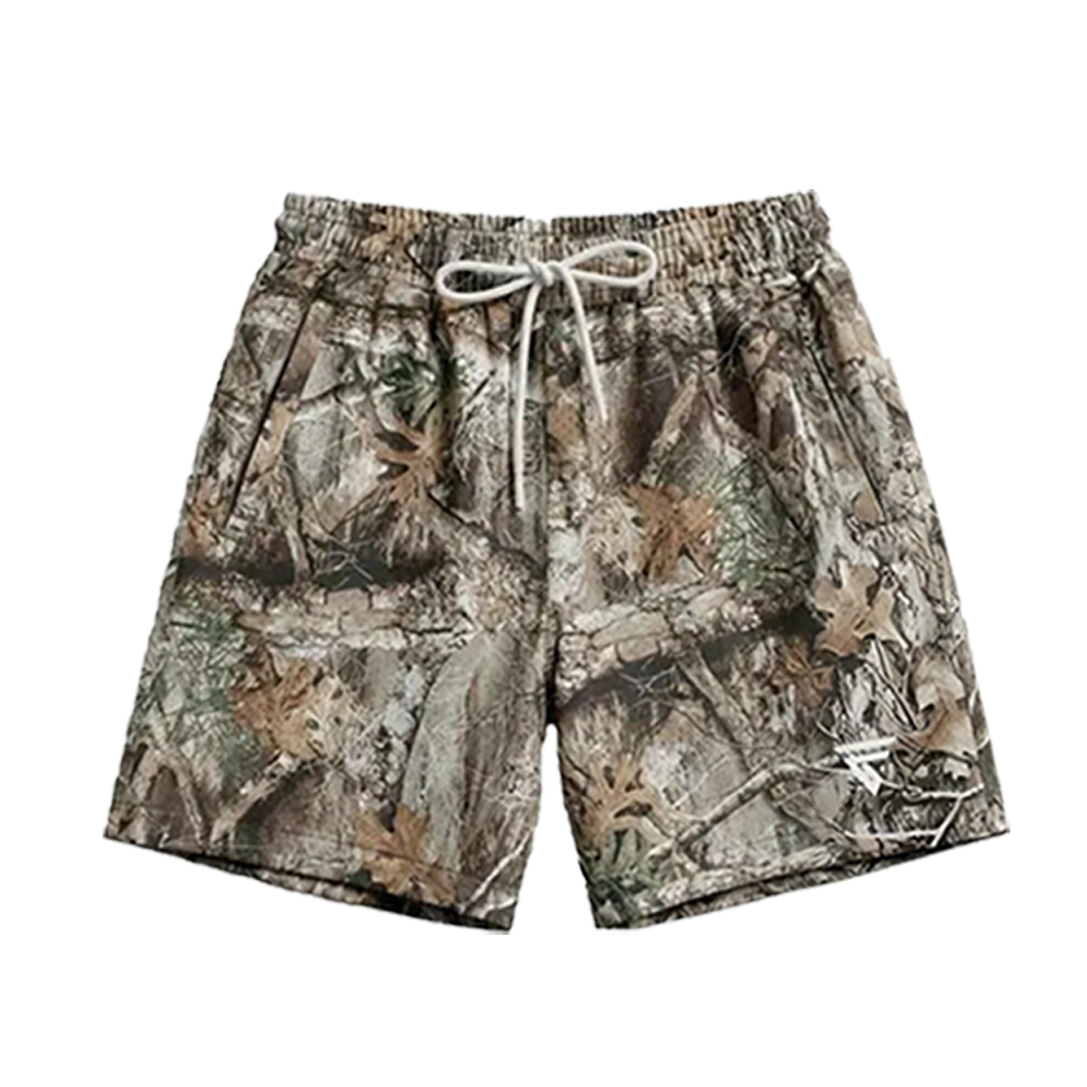 Men’s Hunting Camo Double-Layer Shorts – Breathable Gym/Running Shorts with Zip Side Pockets & Back Pocket