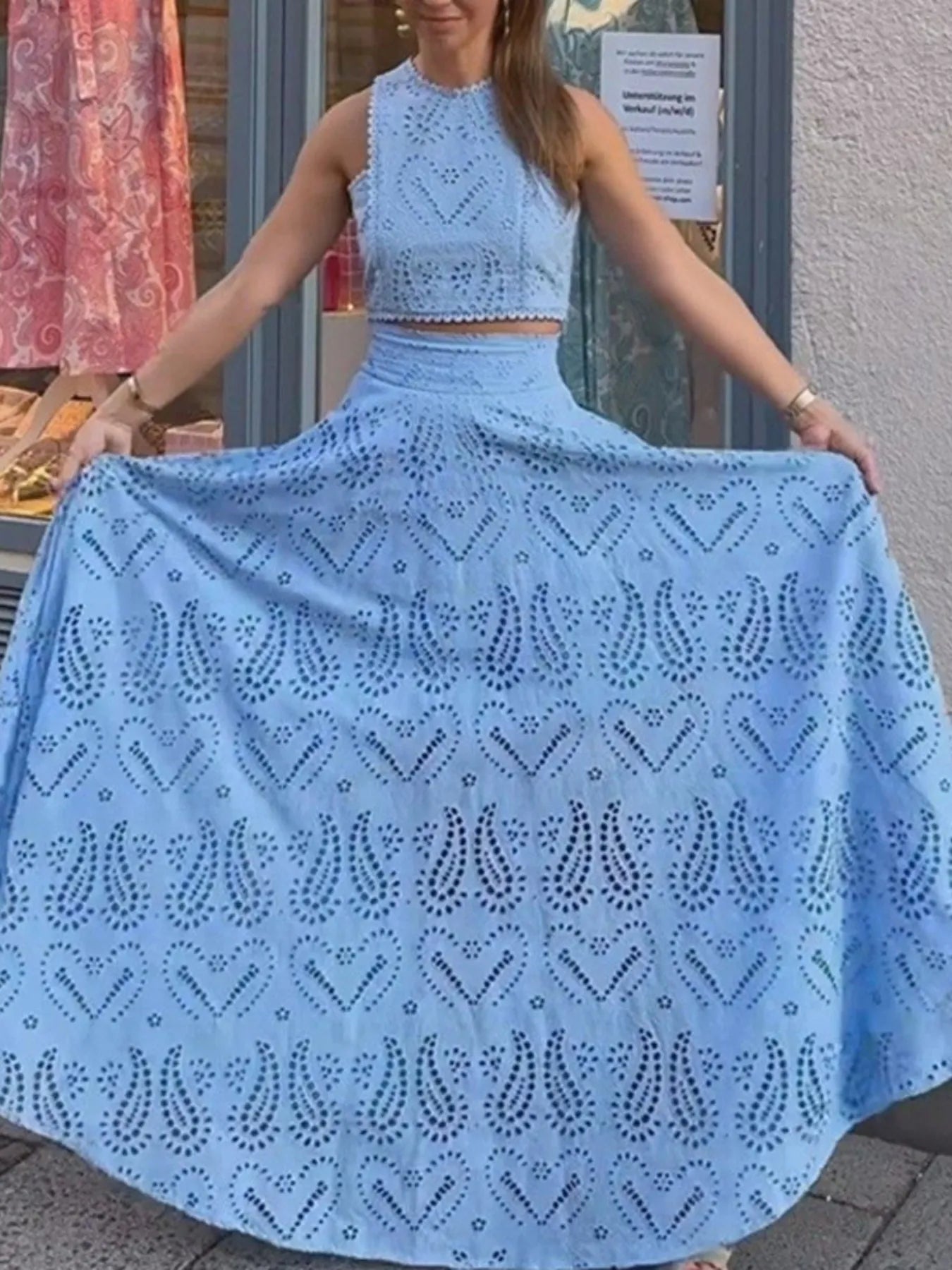 Eyelet Lace Top and Maxi Skirt Set