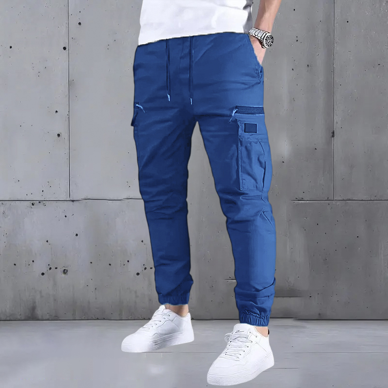 Men’s long cargo pants with a drawstring waist and multiple pockets