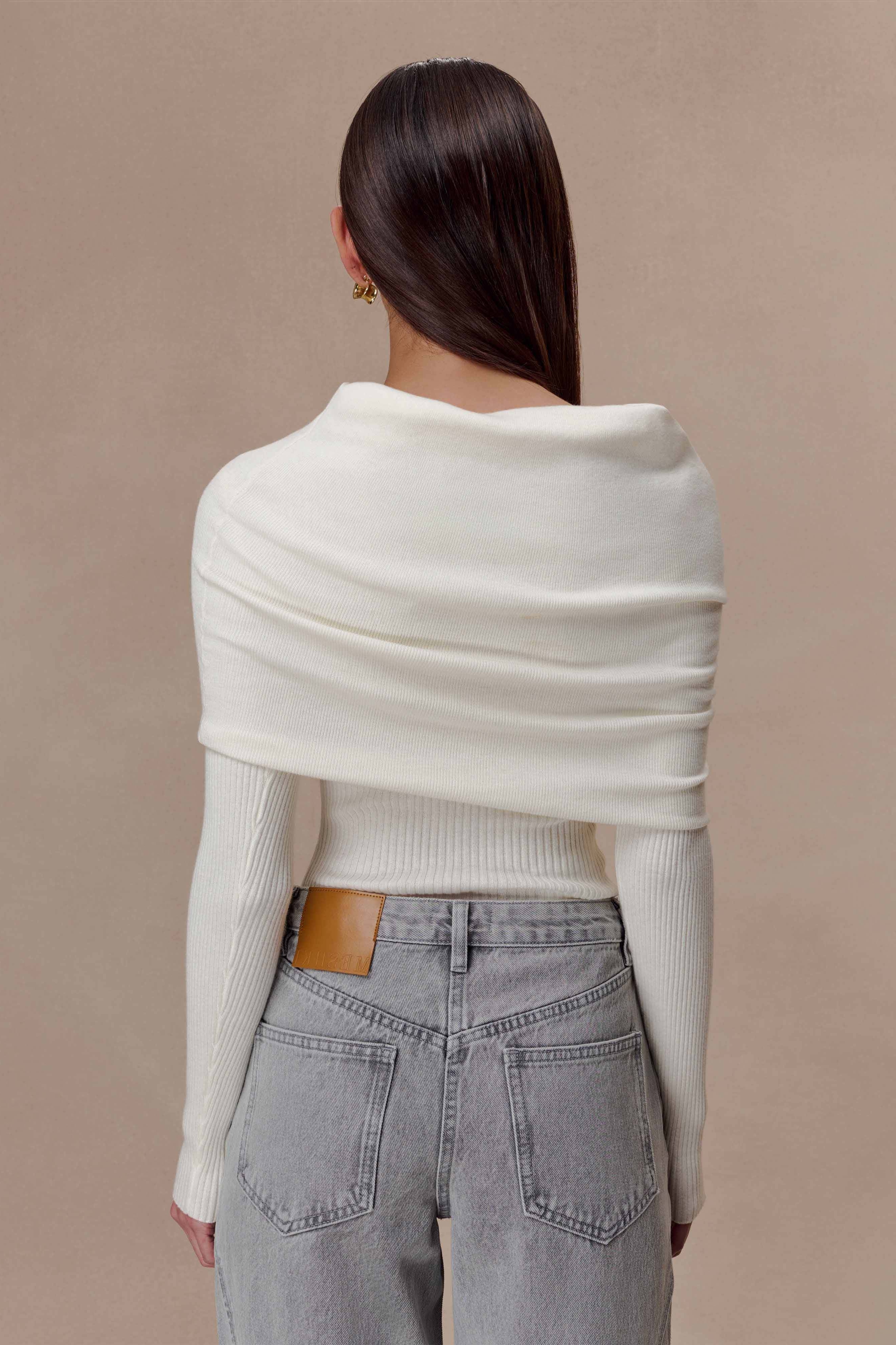 Ivory Asymetrical Cashmere Blend Long Sleeve Knit Top