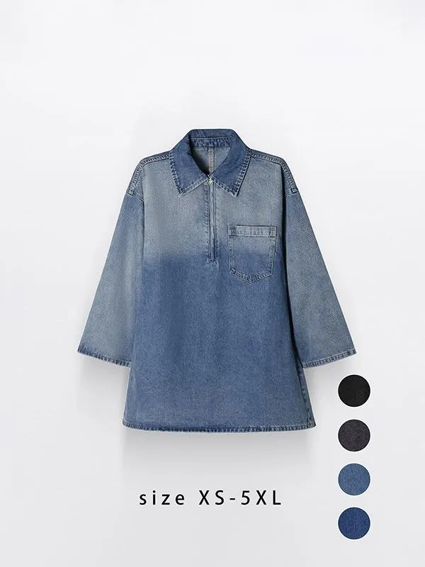 Women's Denim Dress Half-Zip Collared Vintage Washed Blue Loose Fit Long Sleeve