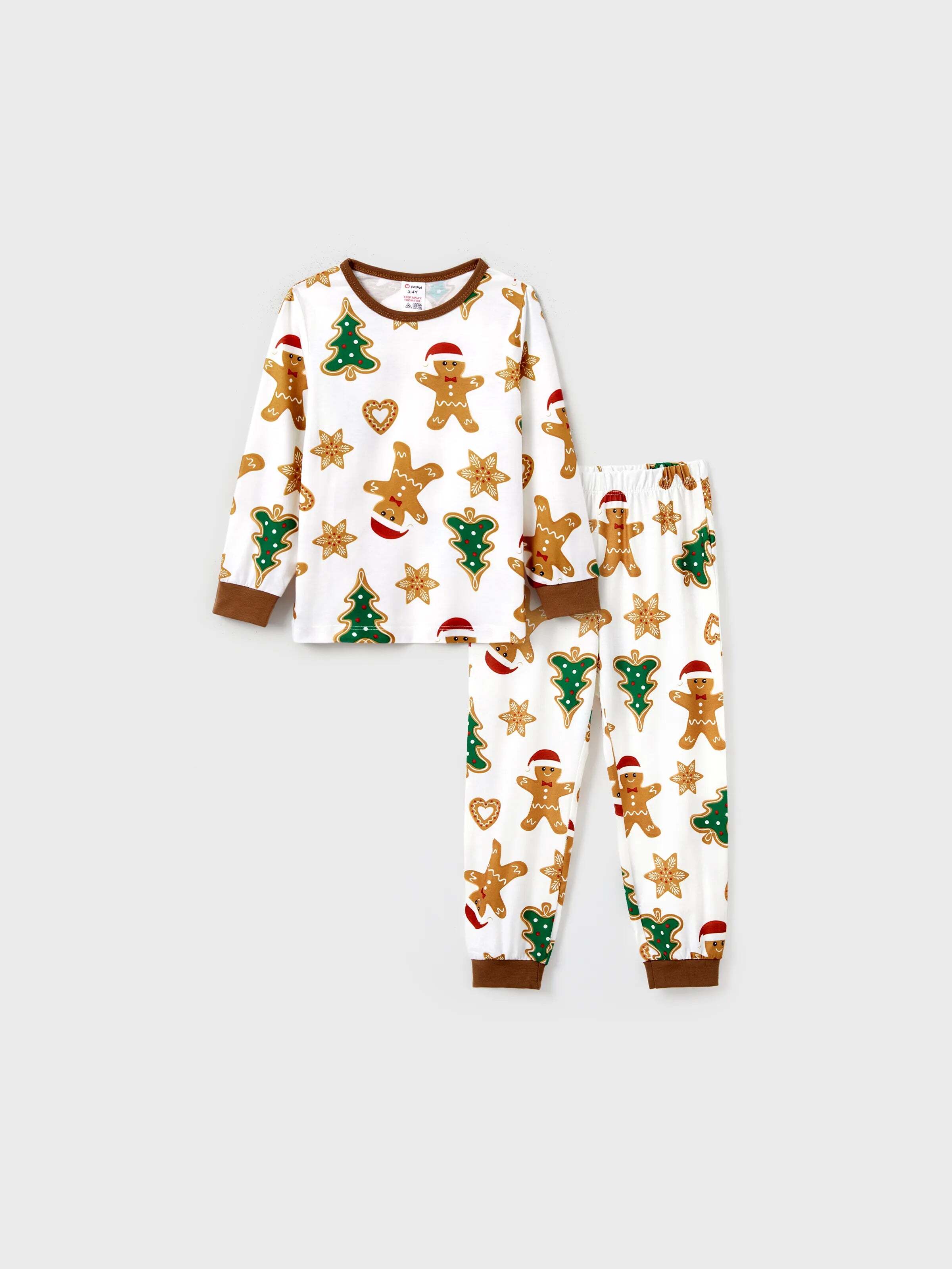 Christmas Family Matching Cartoon Gingerbread Man and Tree All-over Print Long-sleeve Pajamas Sets with Christmas Socks Coffee