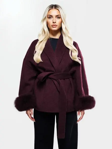 Women's Elegant Solid Color Waist Tie Plush Long Sleeve Thermal Wrap Coat