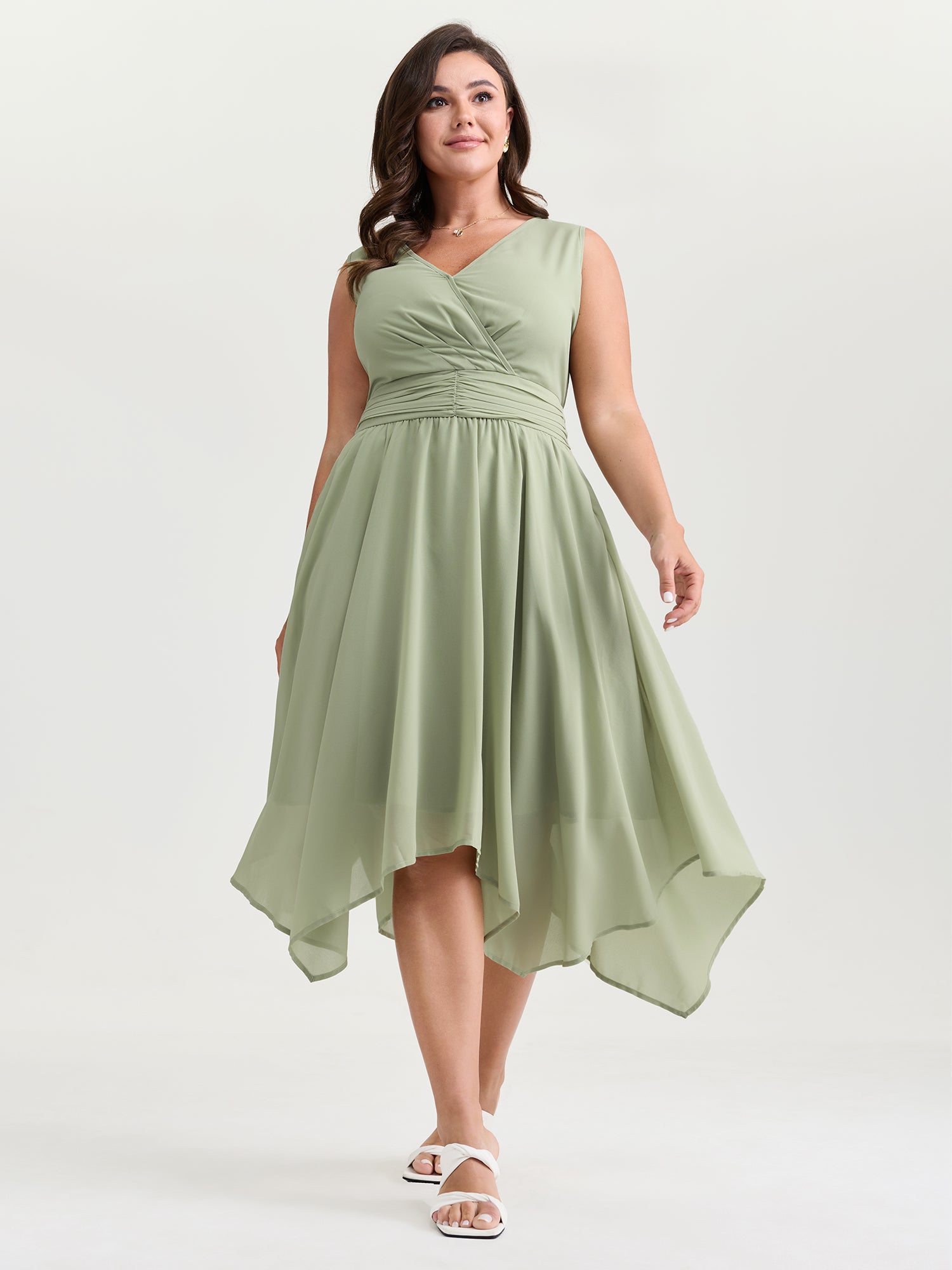 Pleated Waist Pockets High Low Hem Midi Dress