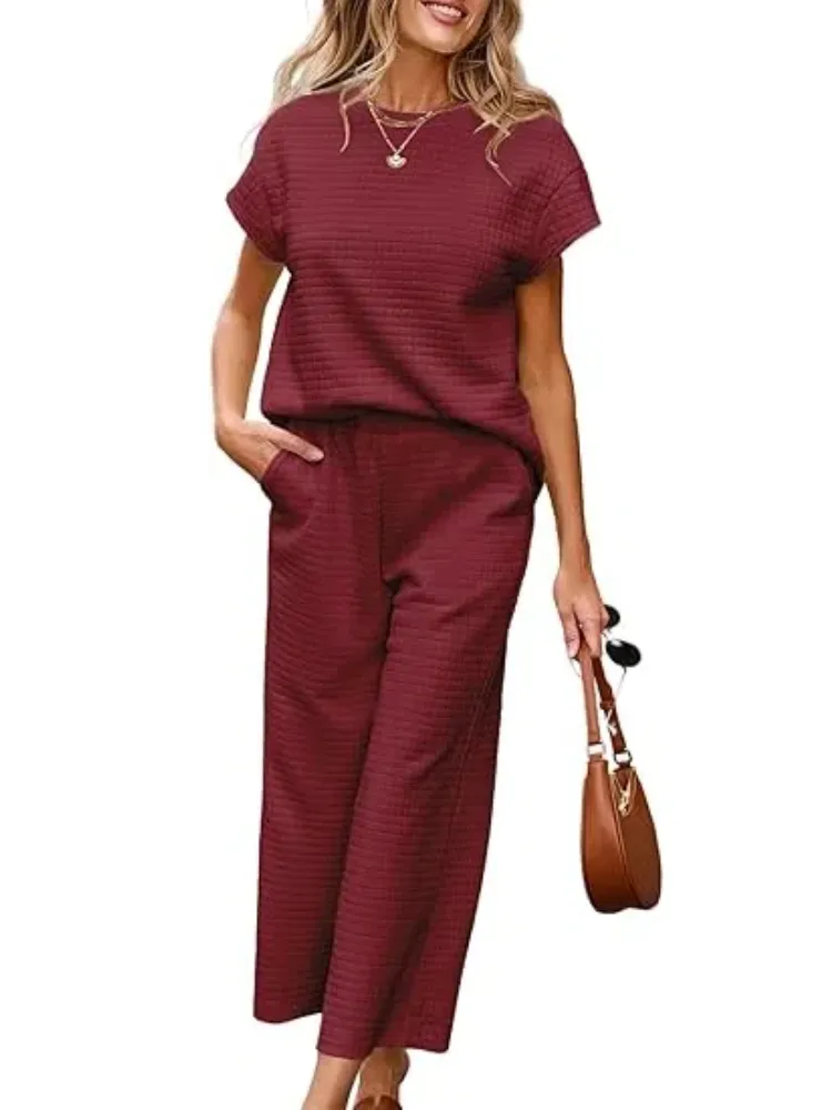 Women's Casual Textured Tops and Wide Leg Pants Lounge Sets