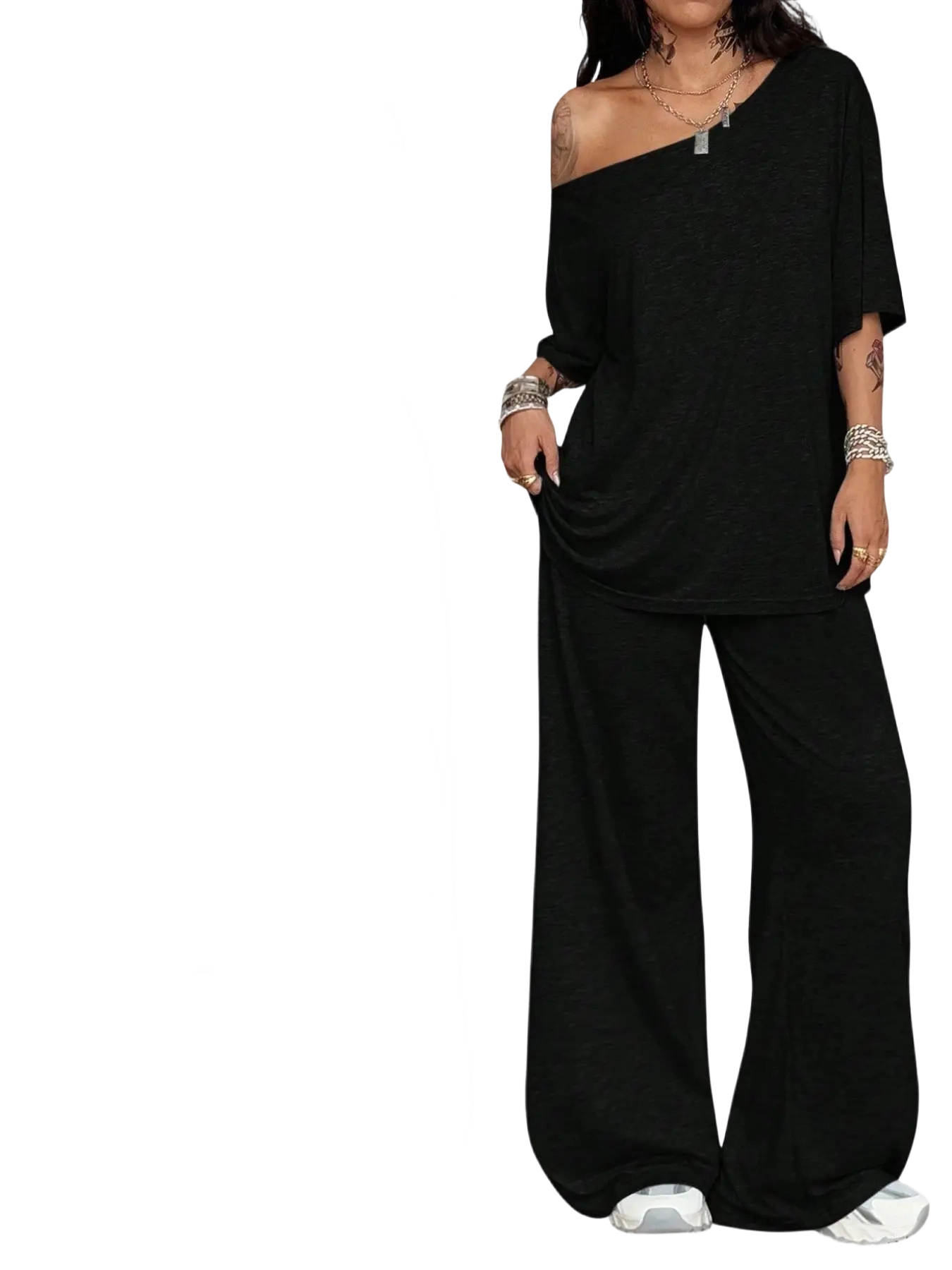 Effortless Comfort Women’s 2-Piece Lounge Set – Loose Fit Top & Wide-Leg Pants