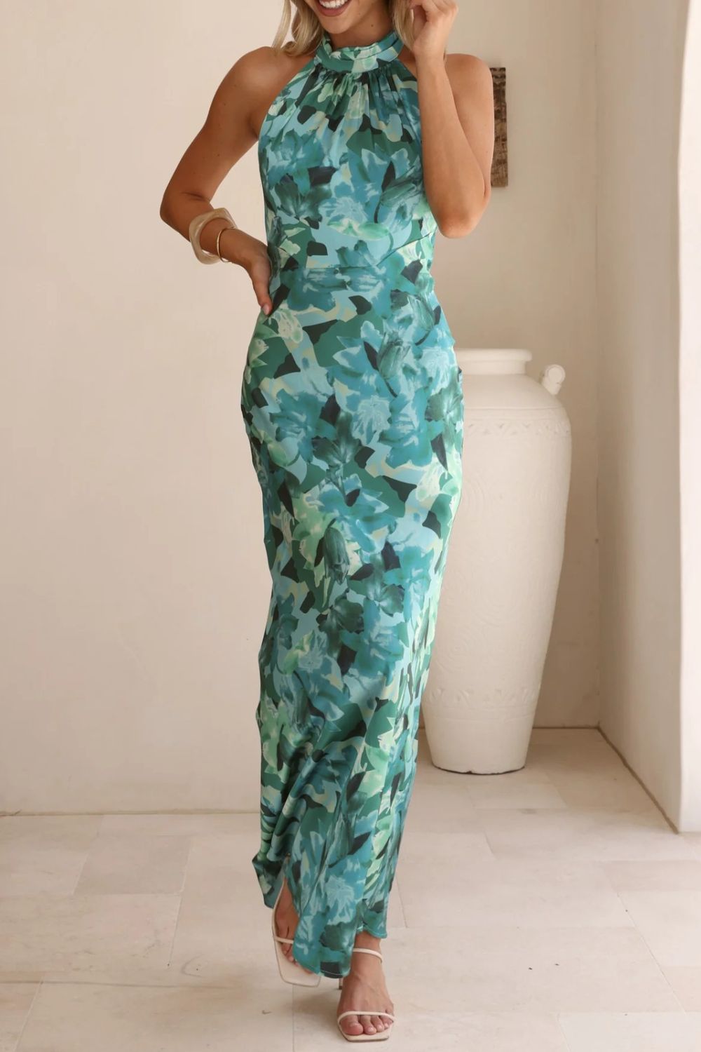 Floral Print Halter Neck Maxi Dress
