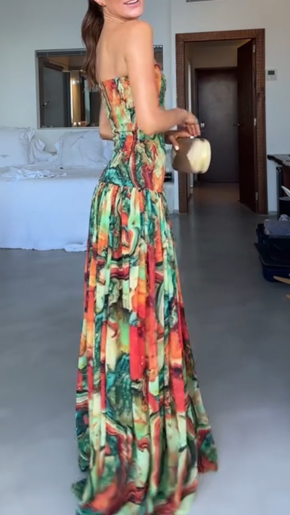 Ladies Strapless Patchwork Multi-color Elegant Temperament Dinner Party Dress