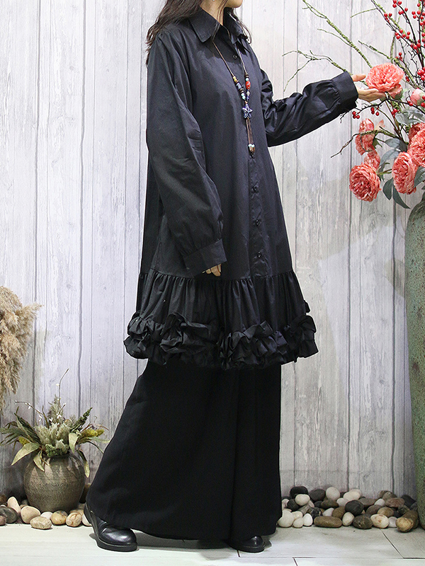 Buttoned Pleated Ruffled Solid Color Long Sleeves Loose Lapel Shirt Dress Midi Dresses