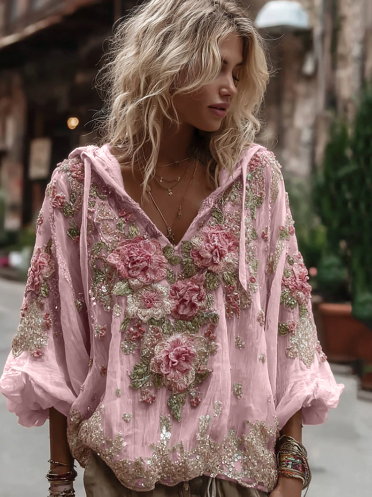 Women's Vintage Floral Embroidery Warm V-neck Hoodie