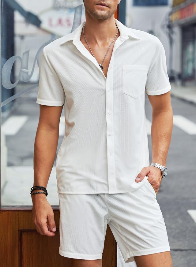 Men's 2 Piece Outfits Casual Button Down Short Sleeve Shirts Shorts Summer Beach Sets