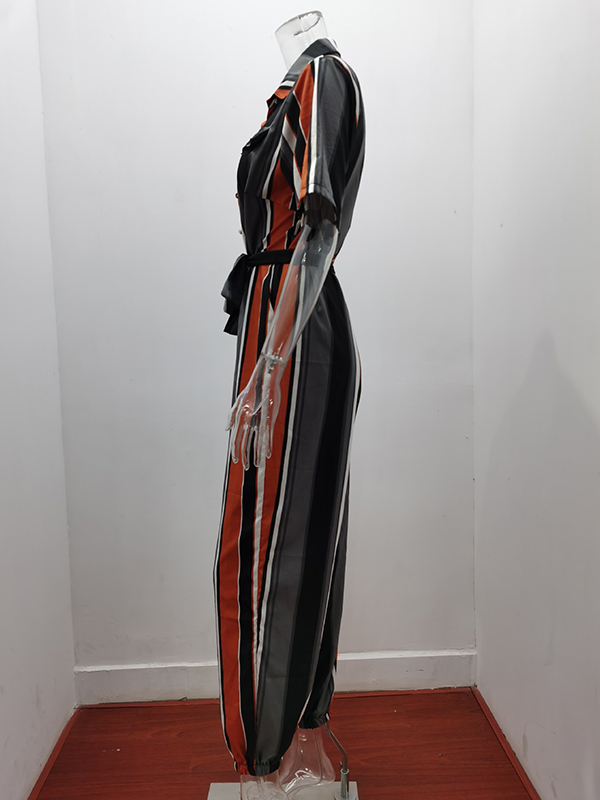 Split-Joint Striped Tied Waist Loose Plus Size Lapel Jumpsuits