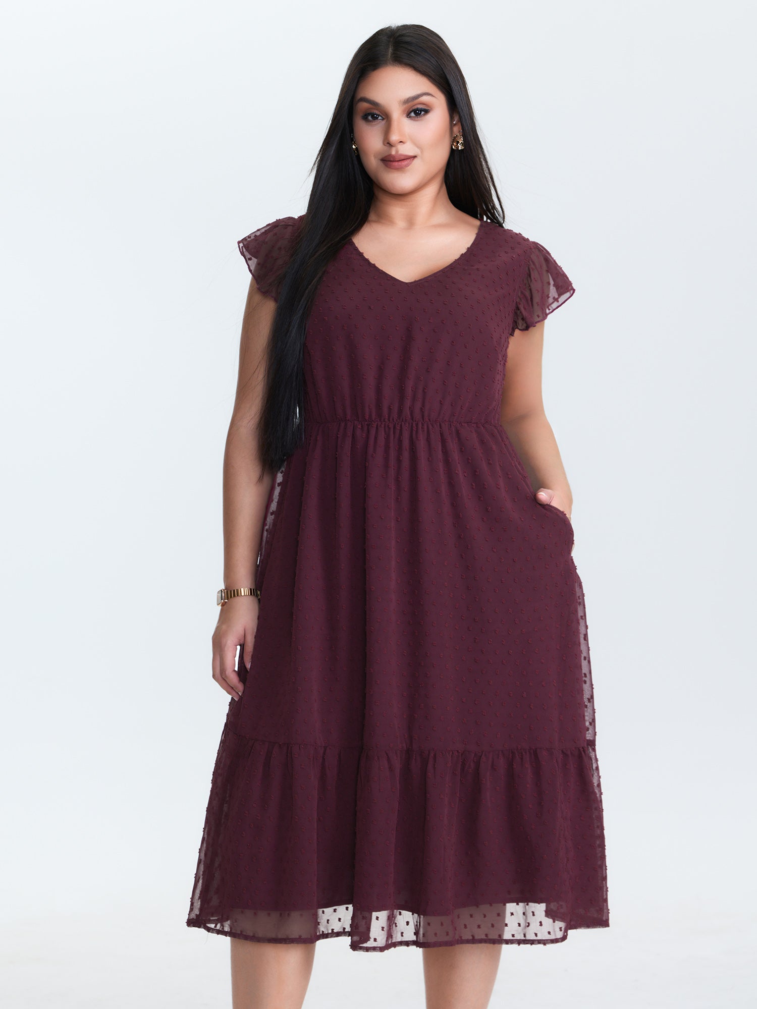 Textured Chiffon Flutter Sleeve Midi Dress